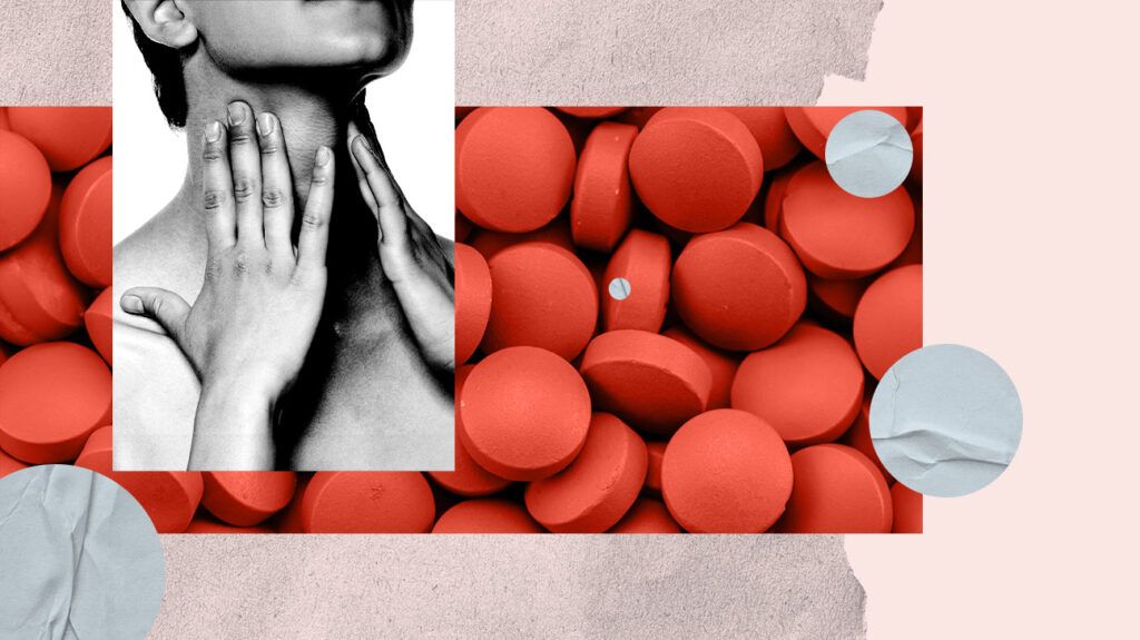 Collage showing pills and a person touching their neck.