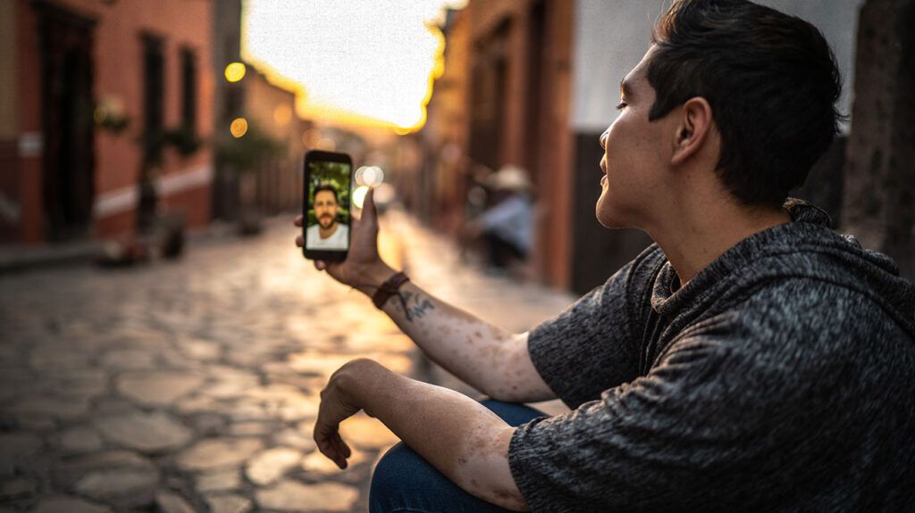 A person with vitiligo is on a video call outdoors.