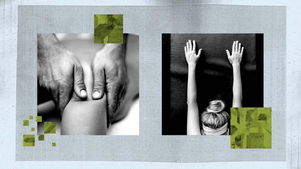 Collage of photos showing a woman stretching and hands massaging someone's skin to release tight muscles.