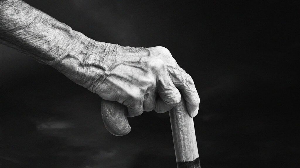 Wrinkled hand holding a walking stick-1