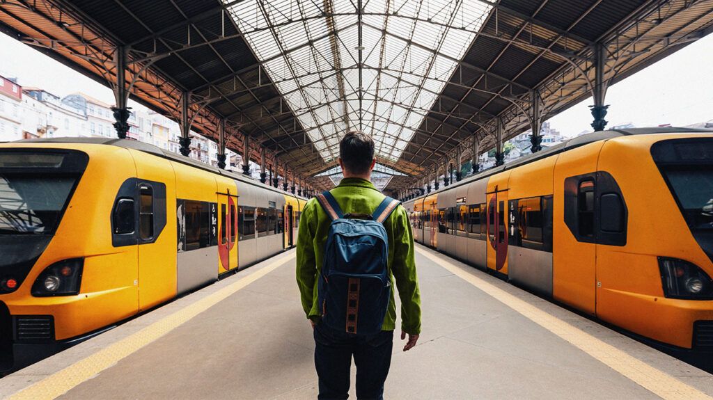 Rear view of a man with a backpack at a train station 21
