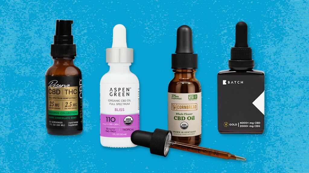 Some of the best full-spectrum CBD oils for 2024 on a textured blue background.
