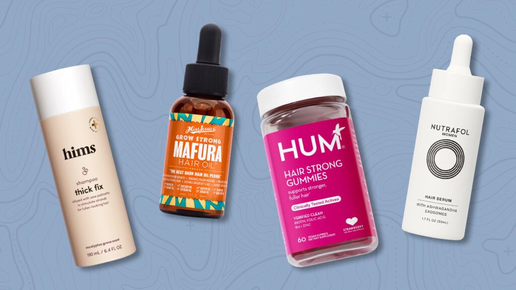 A selection of the best products for healthy hair growth, including shampoos, oils, supplements, and serums.