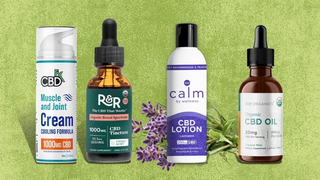 Some of the best broad-spectrum CBD products for 2024 on a green textured background.