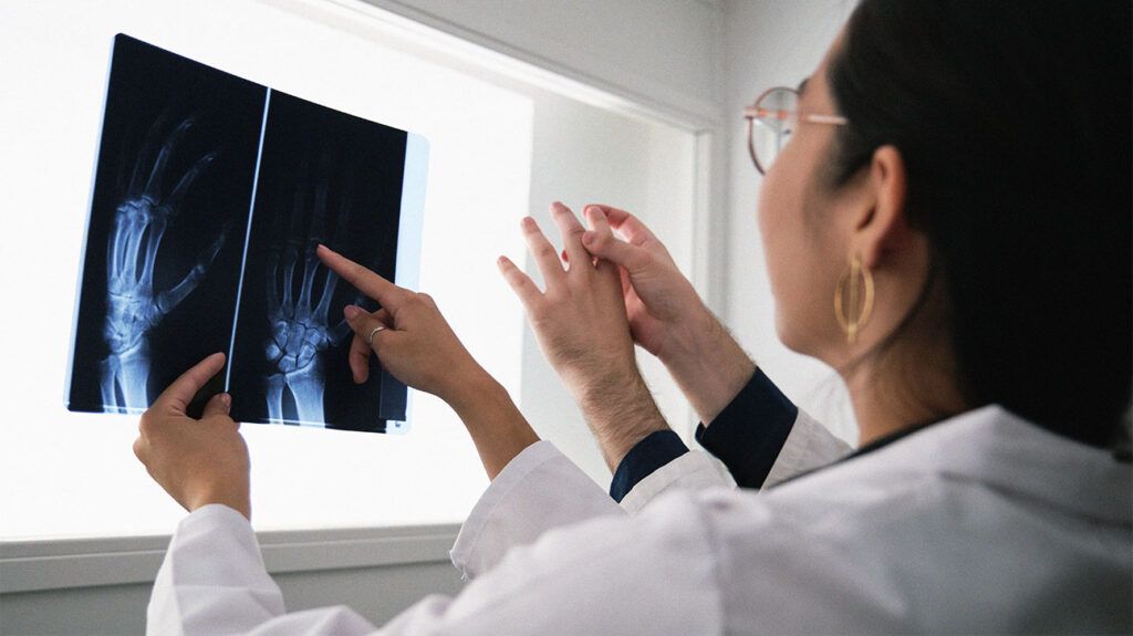 Two doctors looking at an X-ray image of a hand-1