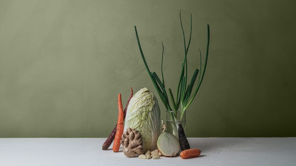Various types of carrots, cabbage, onions, garlic, and ginger, representing a plant-based diet, placed on a flat surface.