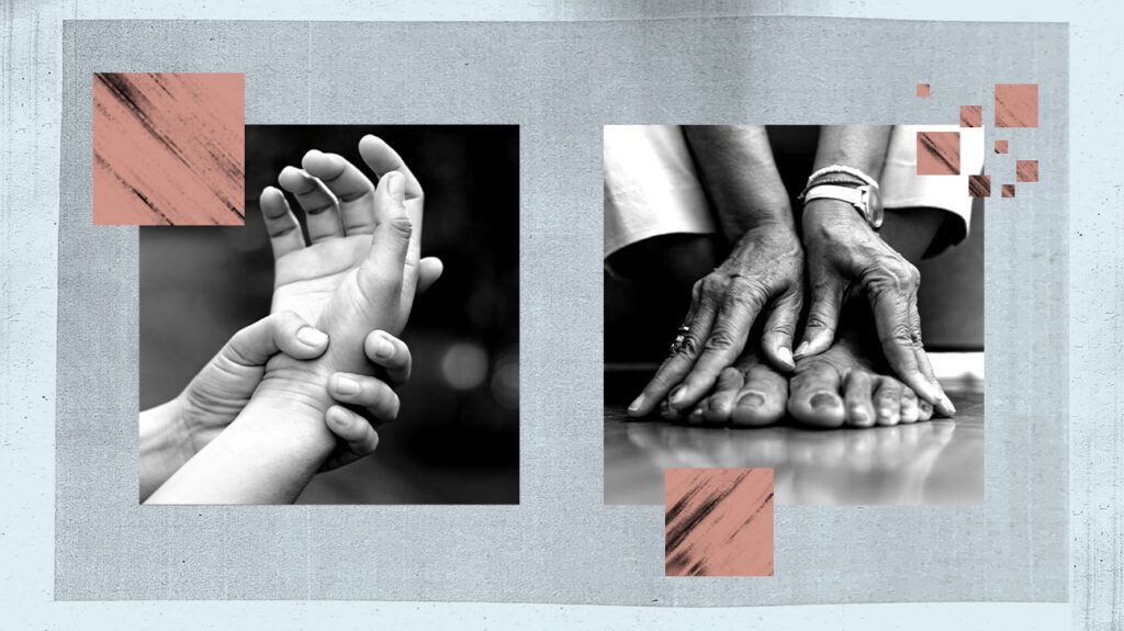 Collage of black and white images including: a person holding their wrist and a person rubbing the tops of their feet