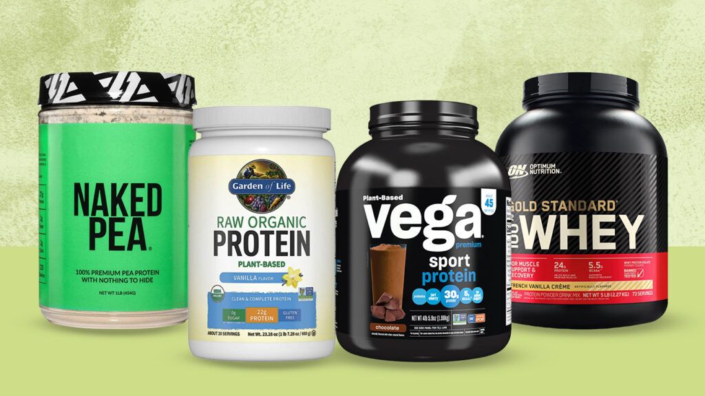 The best vegan protein powders on a textured light green background.