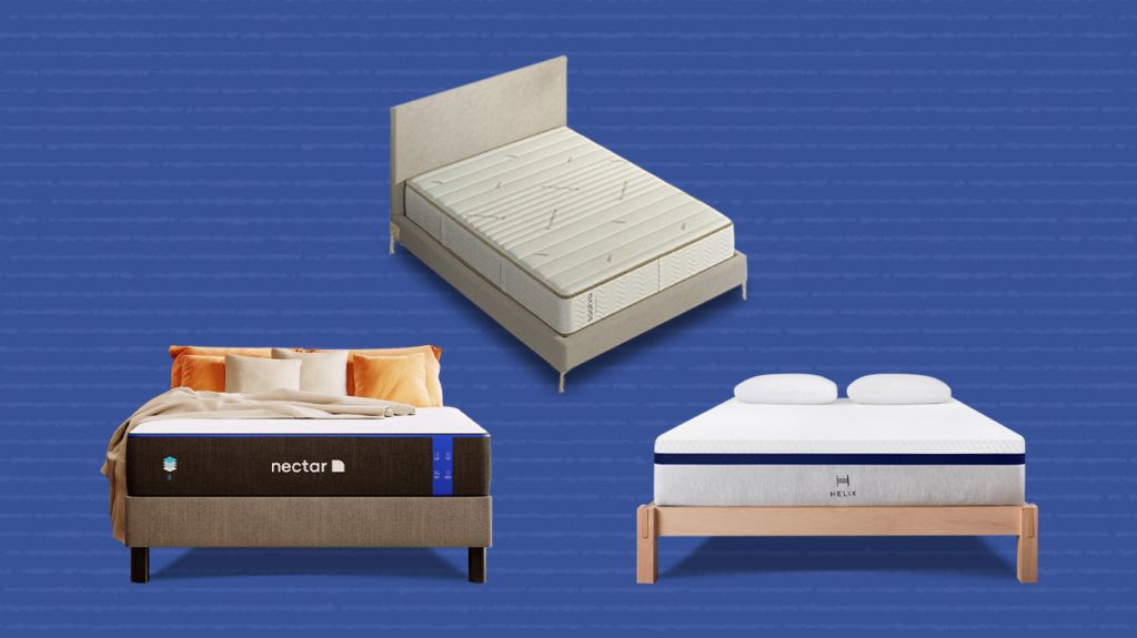 The best mattresses for platform beds on a striped blue background.