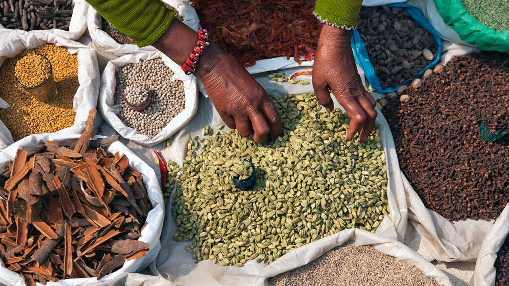 A woman sifting through herbs, spices,a nd dried legumes in sacks at a market