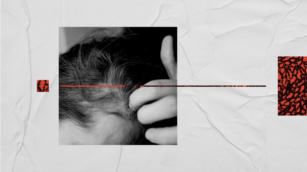 Composite image, including a close up of someone scratching their hairline.