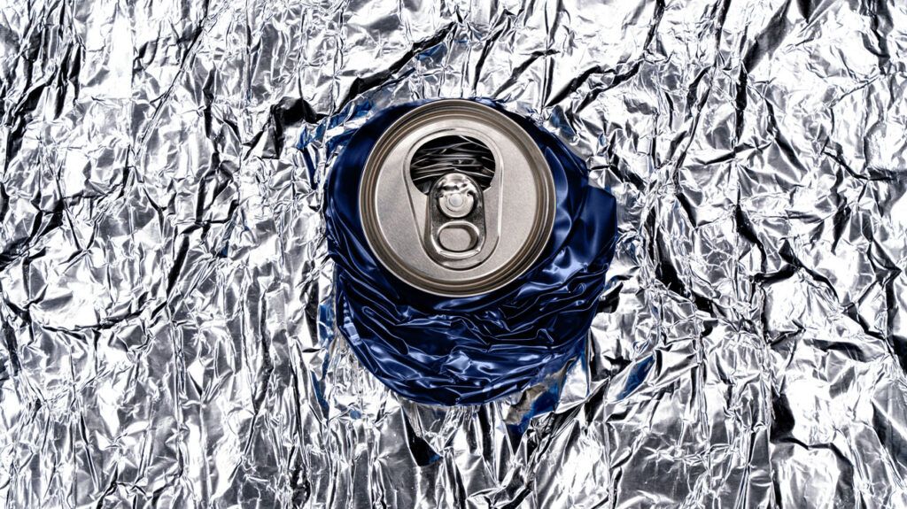 A crushed soda can on aluminum foil