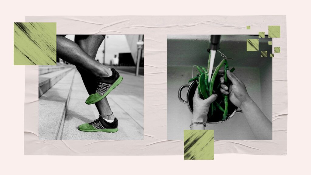 collage of two black and white photos showing a pair of legs jogging and a pair of hands washing pea pods