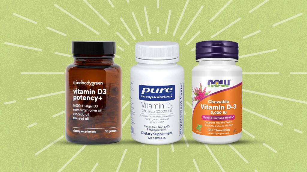 Three of the best vitamin D supplements on a green background with a white sunburst pattern.