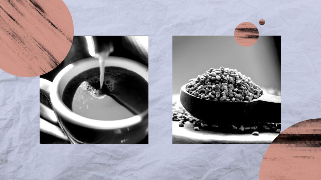 A collage of a cup of coffee and a spoonful of fenugreek seeds side by side