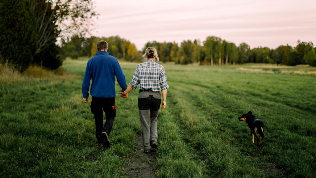 Older couple walking in a field holding hands