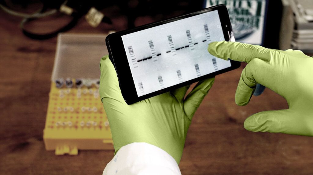 A scientist holds a smartphone with gloved hands showing pictures of genes and a genetics analysis