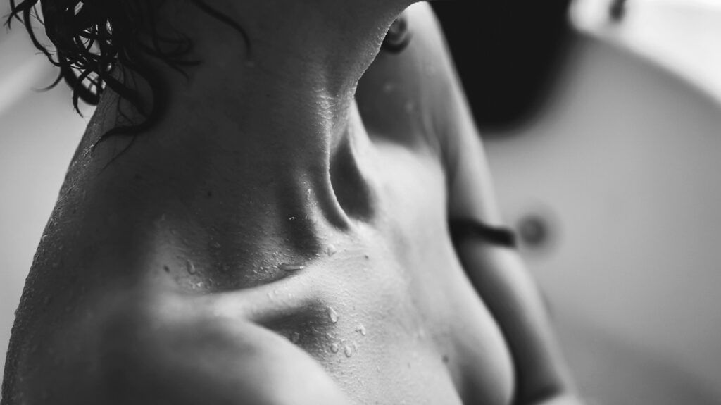 Closeup of a person's collarbone.