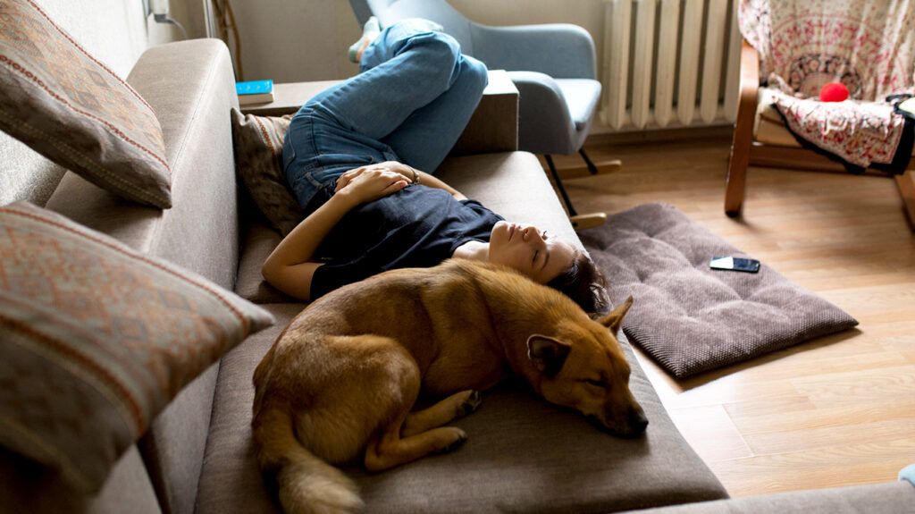 Woman lying on a couch with her dog, clasping her stomach