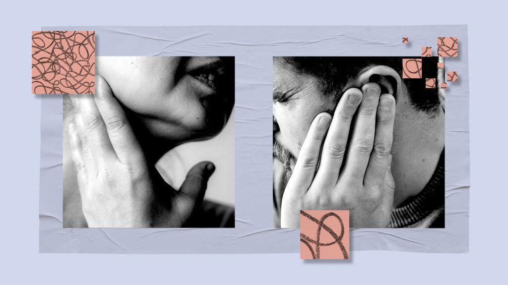Photo collage showing a person rubbing their jaw and another person rubbing their ear due to TMJ pain.