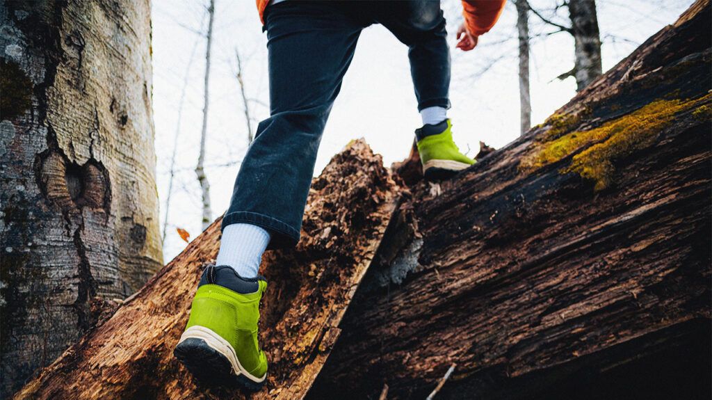 A persons feet climbing over a log 1