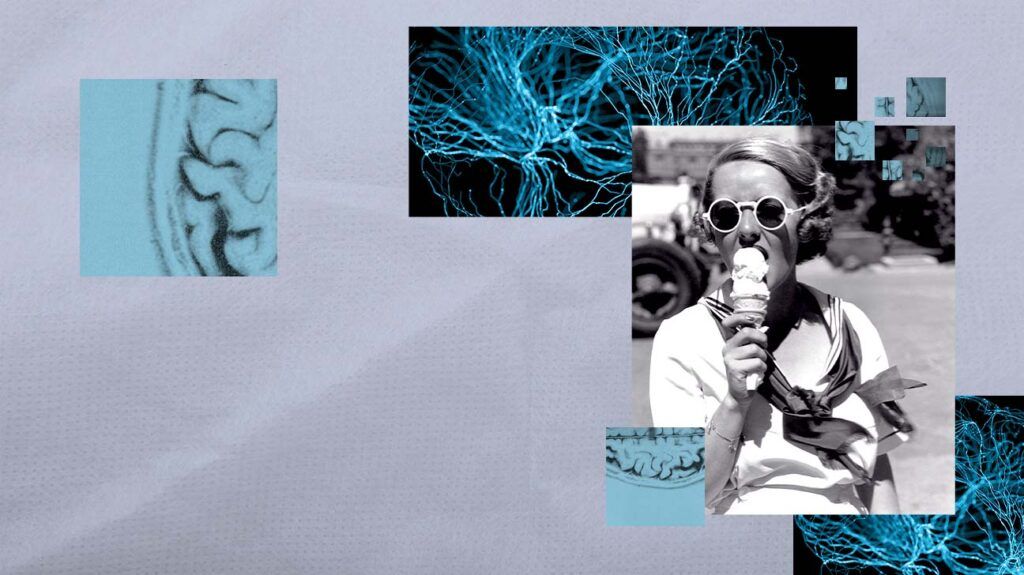 A montage of brain circuits and a woman eating an ice cream cone