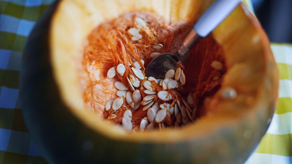 A person scooping pumpkin seeds out of a pumpkin-1.