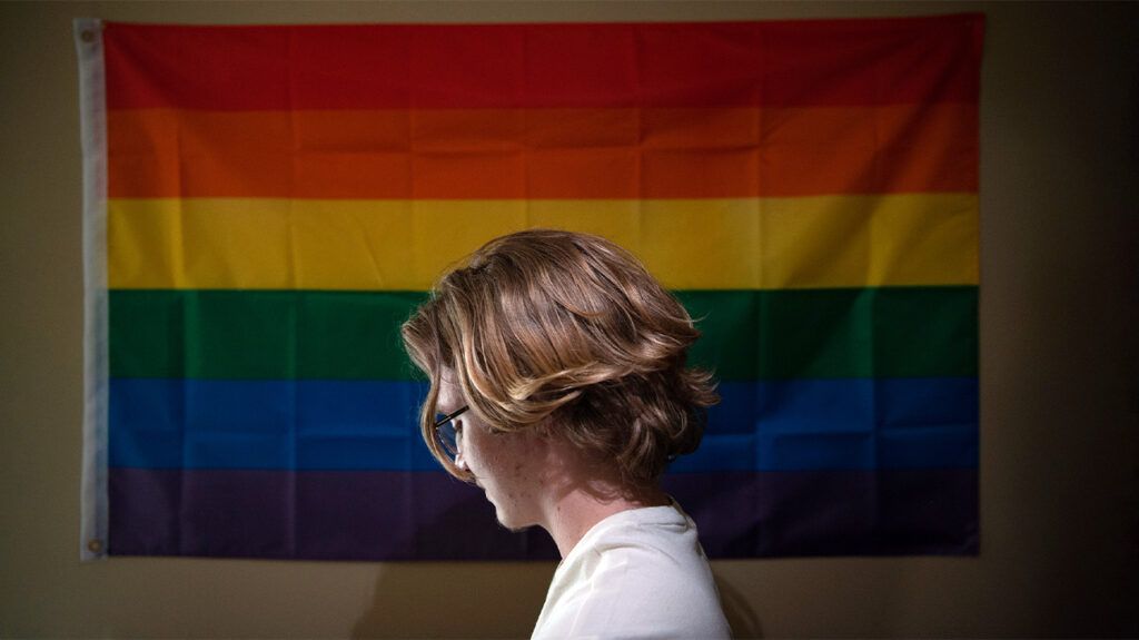 A person facing the left, against a pride flag -1