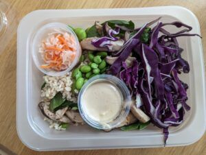 Red cabbage, edamame beans, mushrooms, and coleslaw in plastic tupperware tray with sauce sitting on kitchen countertop