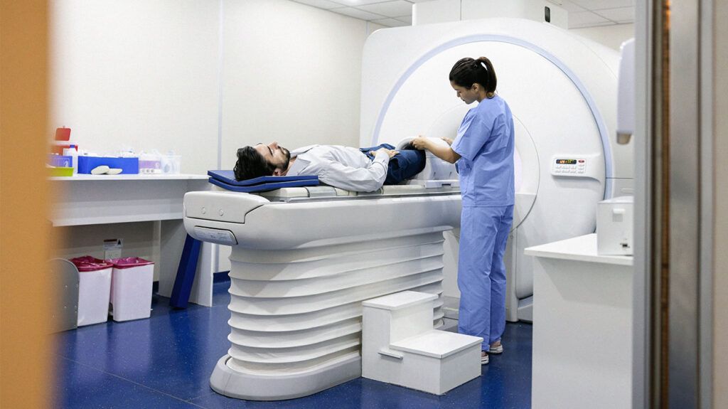 Person and healthcare professional at an MRI
