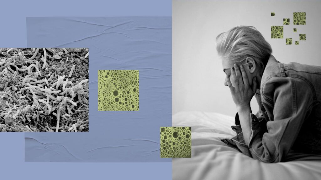 Collage of stressed female and gut microbes