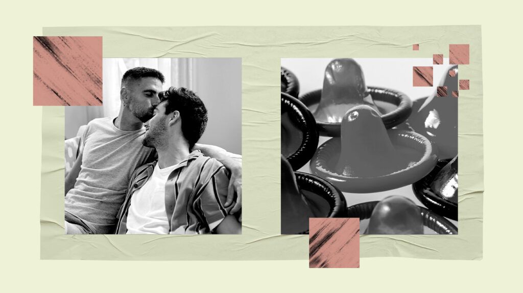 Collage of black and white images, including a couple cuddling and a closeup of condoms