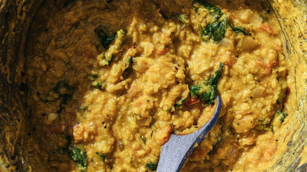 A close-up of a lentil dhal, which is high in plant protein