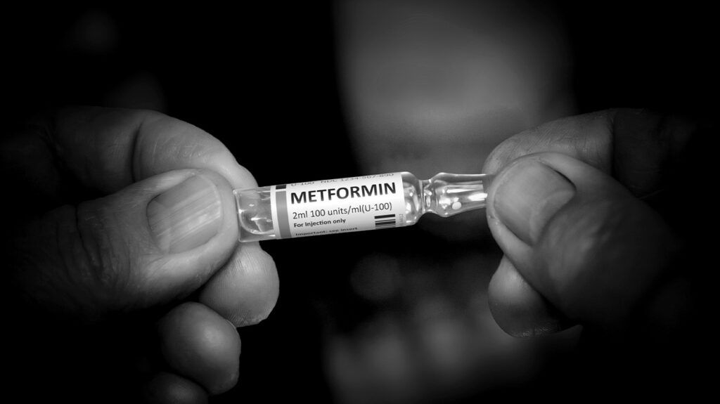 Black and white closeup image of metformin medication
