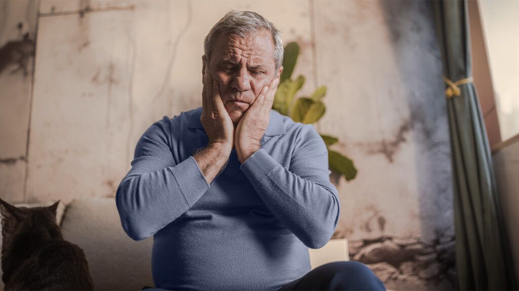 Older man holding his face