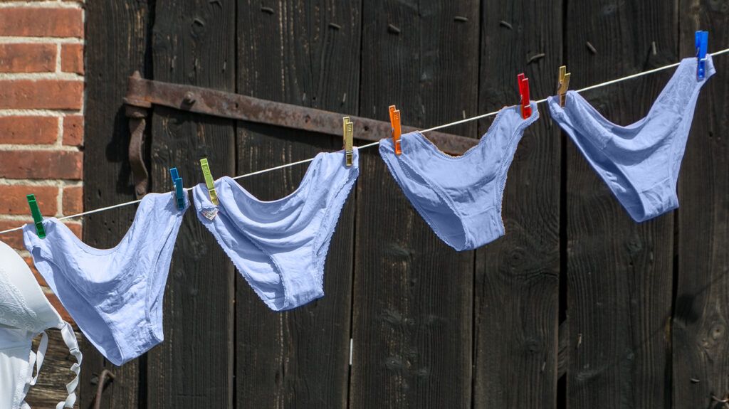 Purple underwear hanging on a washing line