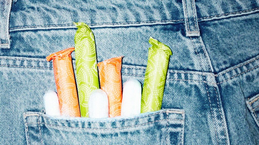 A variety of tampons in a jean pocket