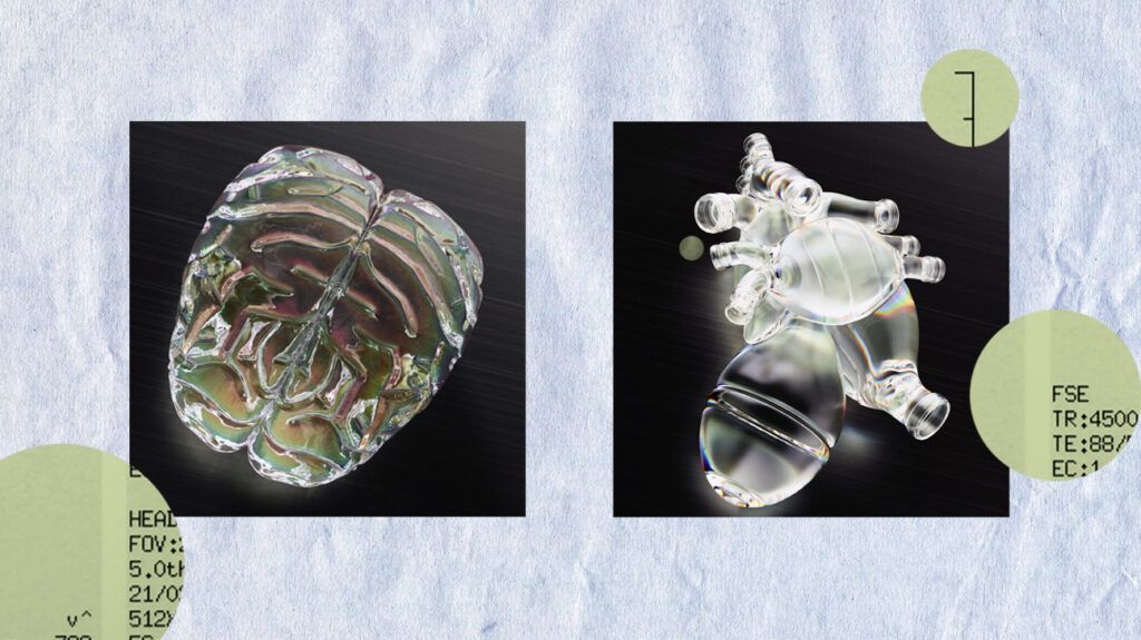 collage showing glass brain and glass heart