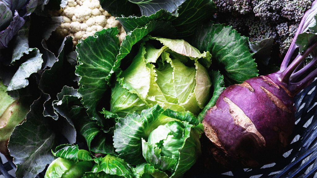 Various types of cabbage and cauliflower, all sources of folic acid, in a basket