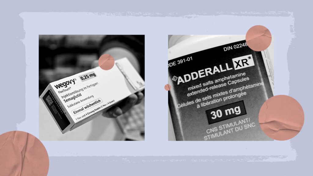 collage of wegovy adderall cartons