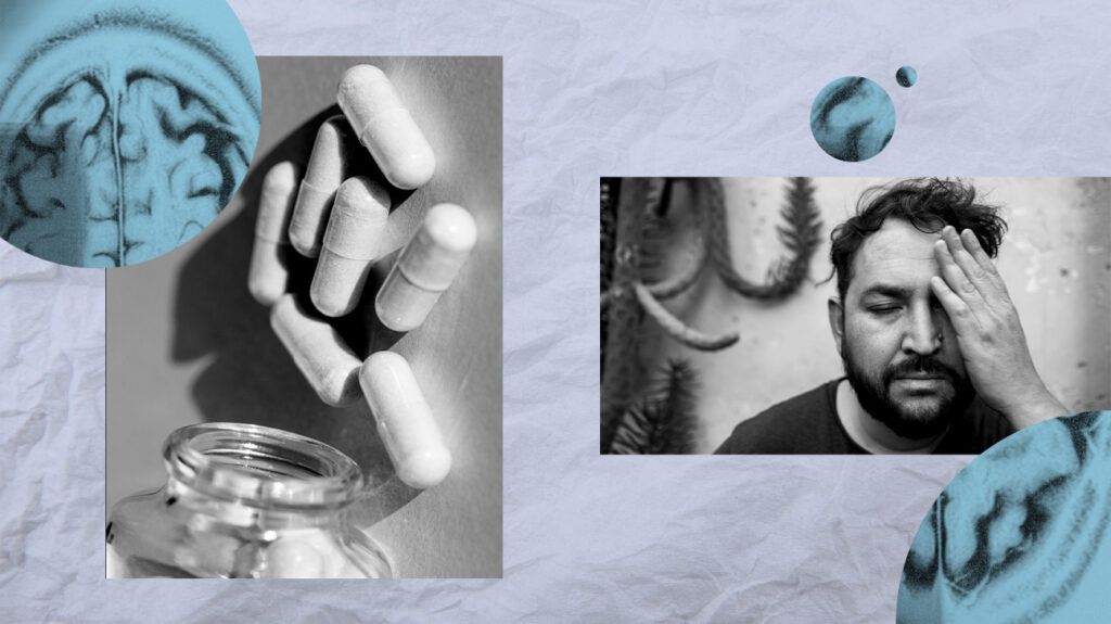 Collage of black and white images including: an image of melatonin capsules and a male holding his head