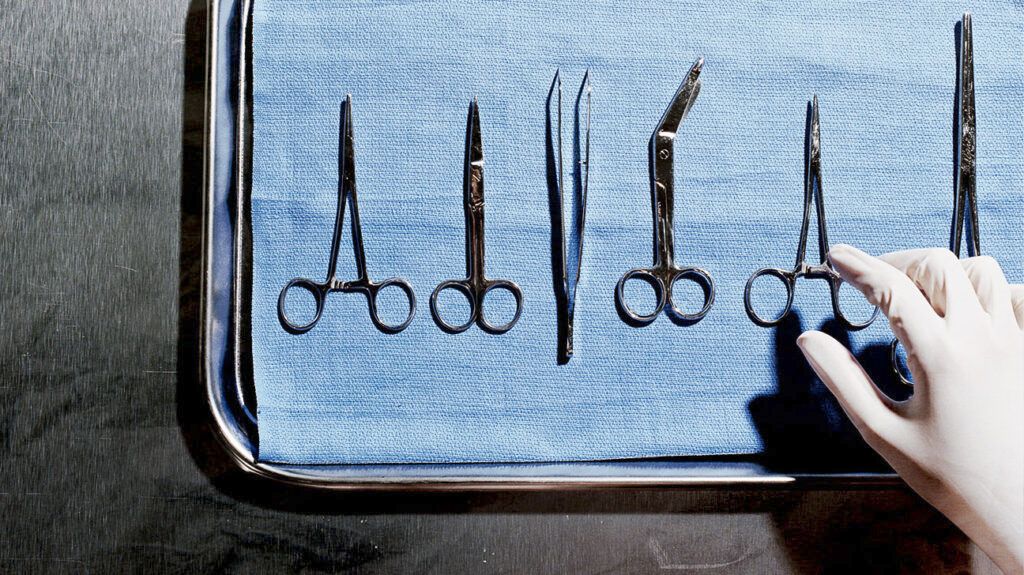 A tray of surgical instruments