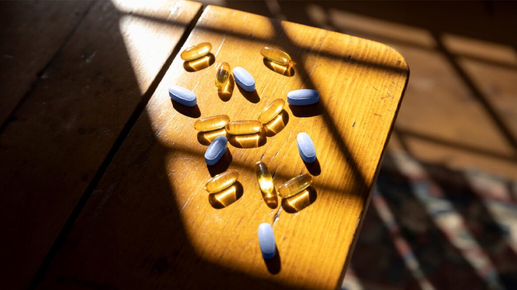 Vitamins on a table in sunlight