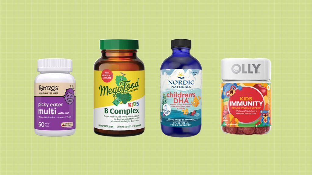 The best vitamins for kids on a light green background.