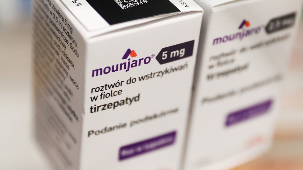 An upclose look at the packaging of Mounjaro (tirzepatide) which is used to aid weight loss and manage diabetes