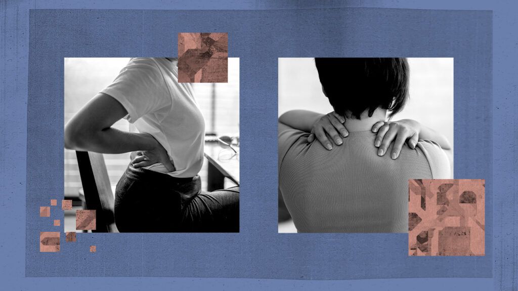 Collage showing a person with their hands on their lower back and a person with their hands on their upper back.