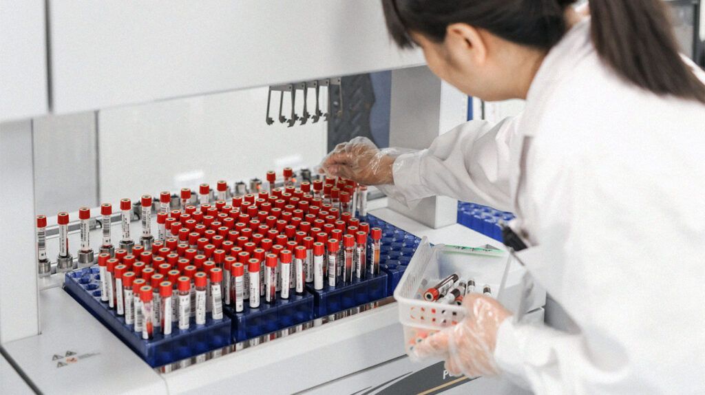 researcher in white lab coat working with blood sample vials