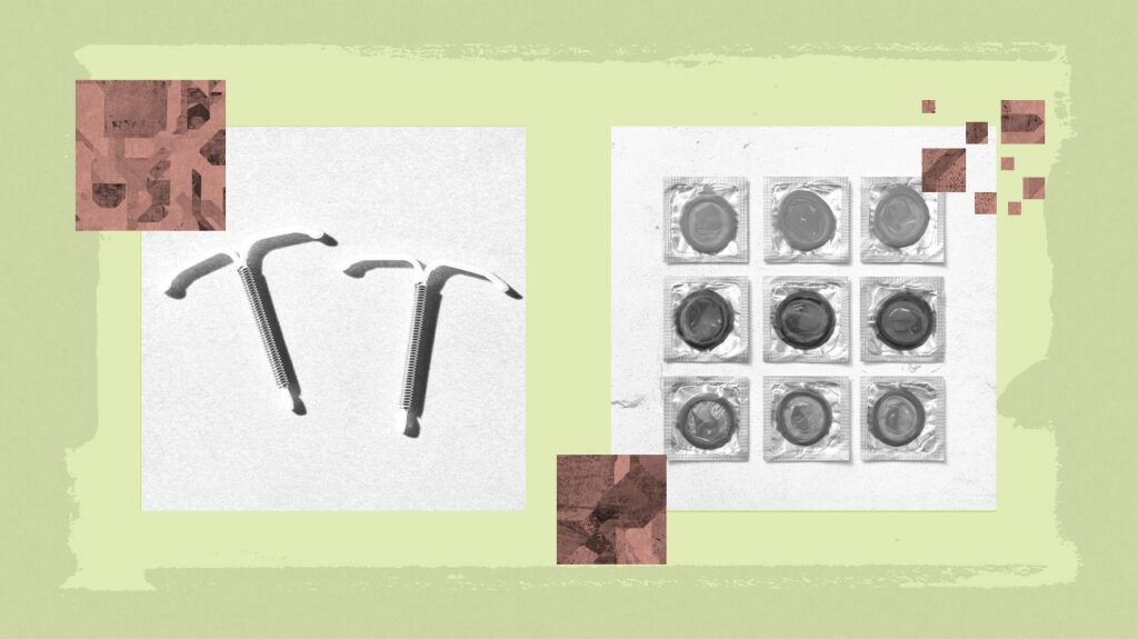 A collage of multiple birth control methods, including an intrauterine device (IUD) and condoms.