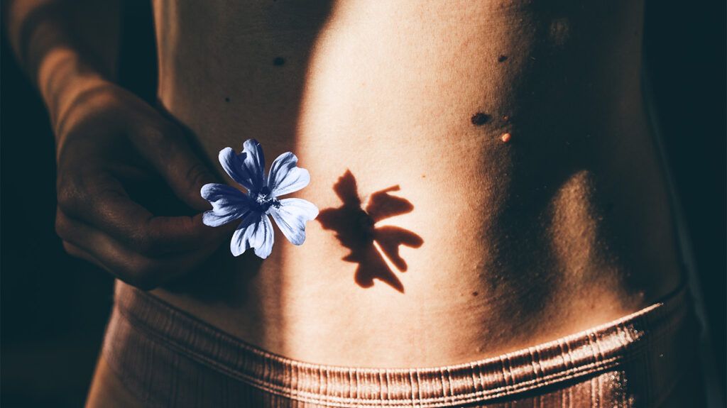 a flower making a shadow on a bare stomach