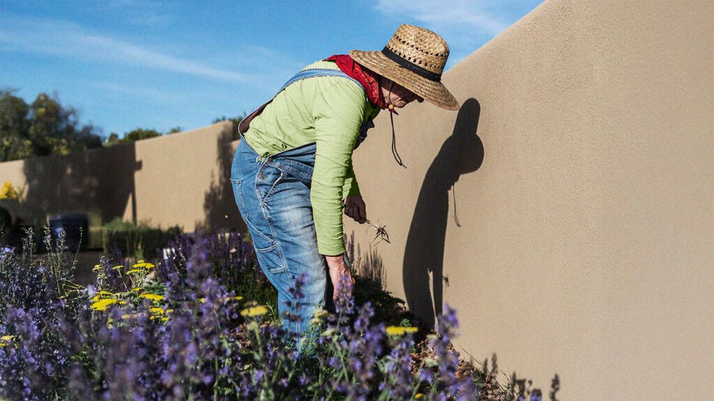 Older female in a straw hat and overalls gardening in New Mexico